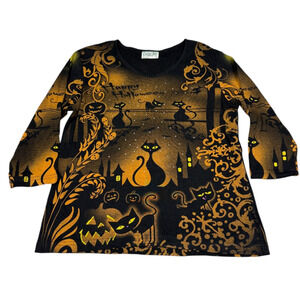 Cactus Bay Womens Size L 3/4 Sleeve Halloween All Over Print Cats Pumpkins